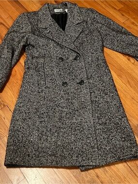 Vintage Black & White Herringbone Double-Breasted Pea Coat